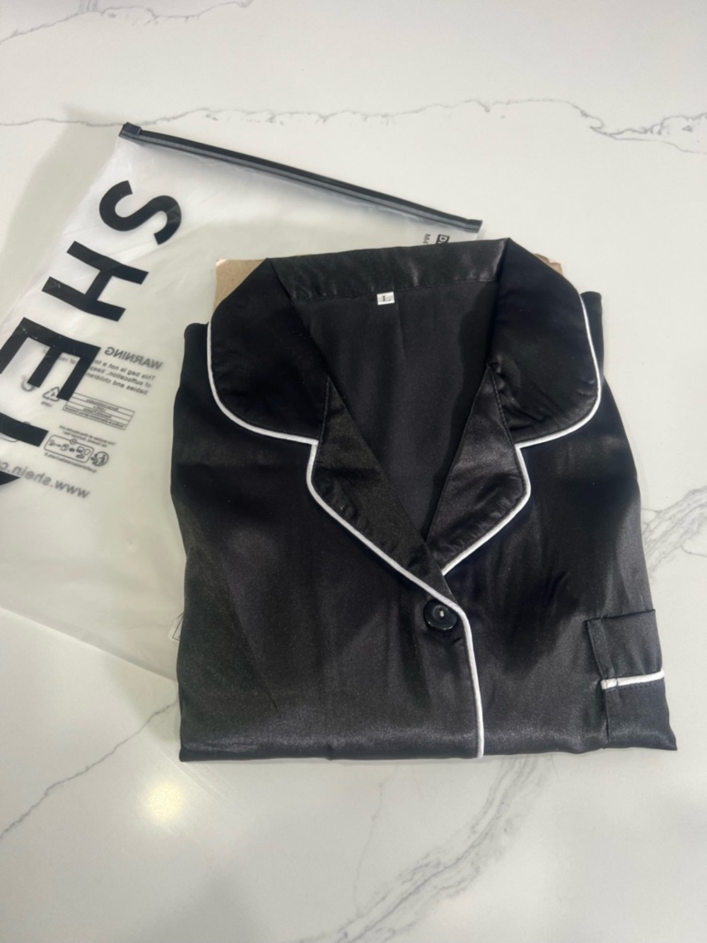 SHEIN Black Satin Pajama Jacket with White Piping